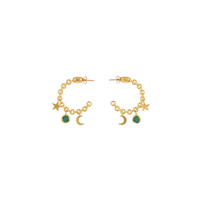Zariin Gold Arty Everyday Green Chalcedony Hoop Earrings