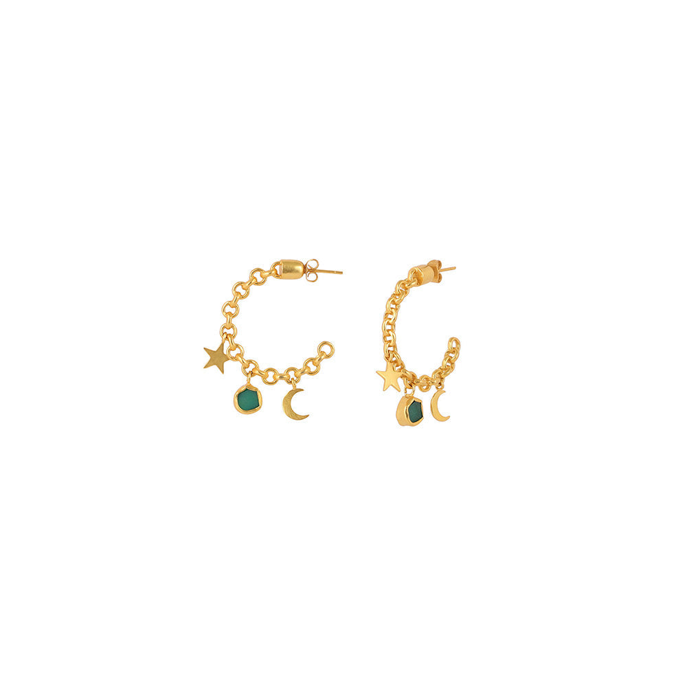 Zariin Gold Arty Everyday Green Chalcedony Hoop Earrings