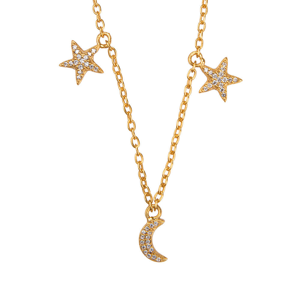 Zariin Gold Dipped Handmade Moon Stars CZ Necklace