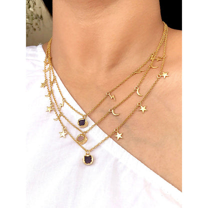 Zariin Gold Plated Three Layered Necklace With Amethyst & Rose Quartz Stone