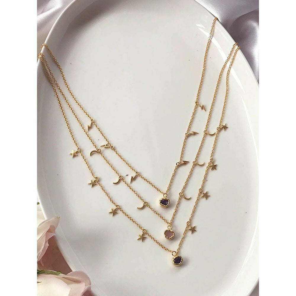 Zariin Gold Plated Three Layered Necklace With Amethyst & Rose Quartz Stone