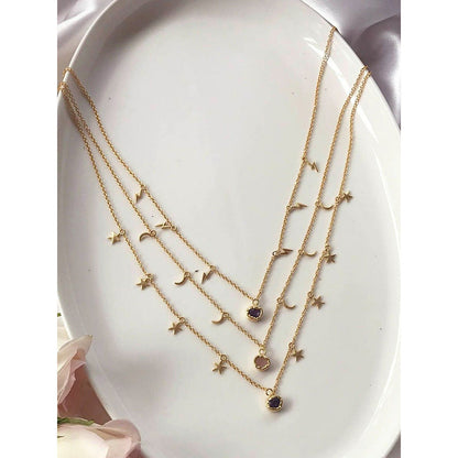 Zariin Gold Plated Three Layered Necklace With Amethyst & Rose Quartz Stone