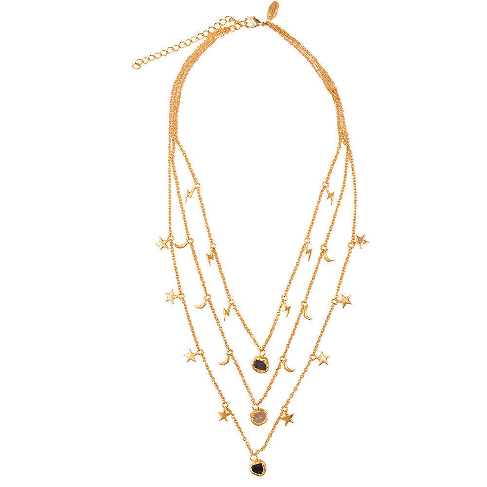 Zariin Gold Plated Three Layered Necklace With Amethyst & Rose Quartz Stone