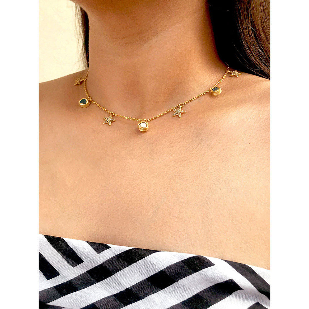 Zariin White & Blue Gold Plated With Pearl Cz Necklace
