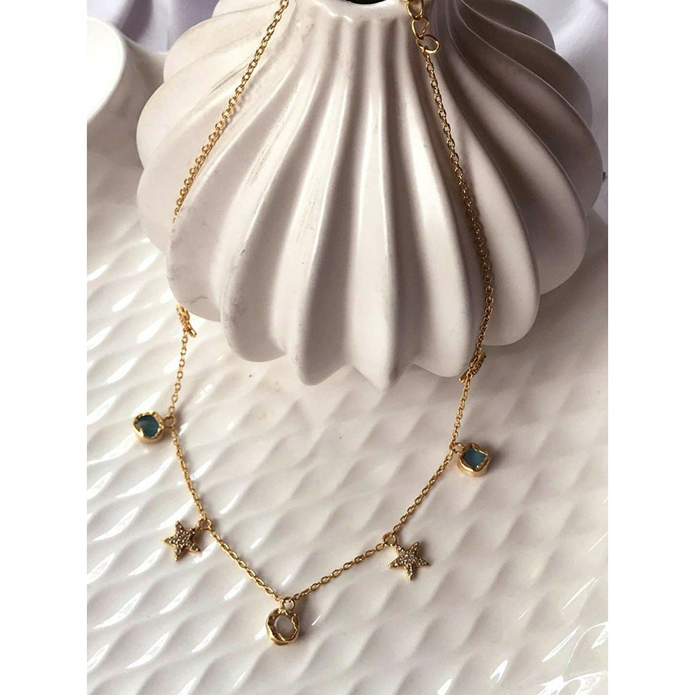 Zariin White & Blue Gold Plated With Pearl Cz Necklace