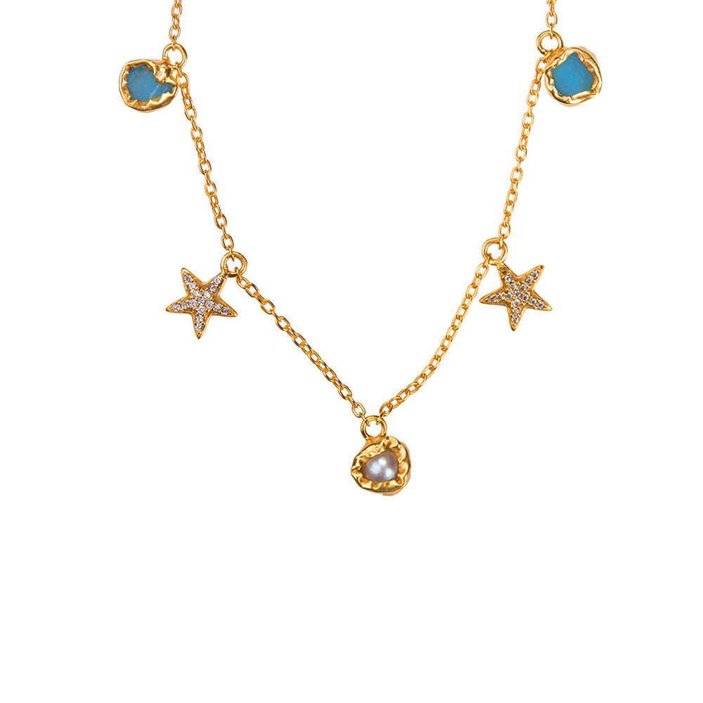 Zariin White & Blue Gold Plated With Pearl Cz Necklace