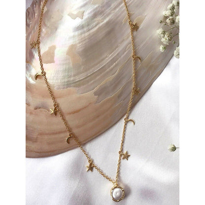 Zariin Gold Plated Moon Star With White Pearl Necklace