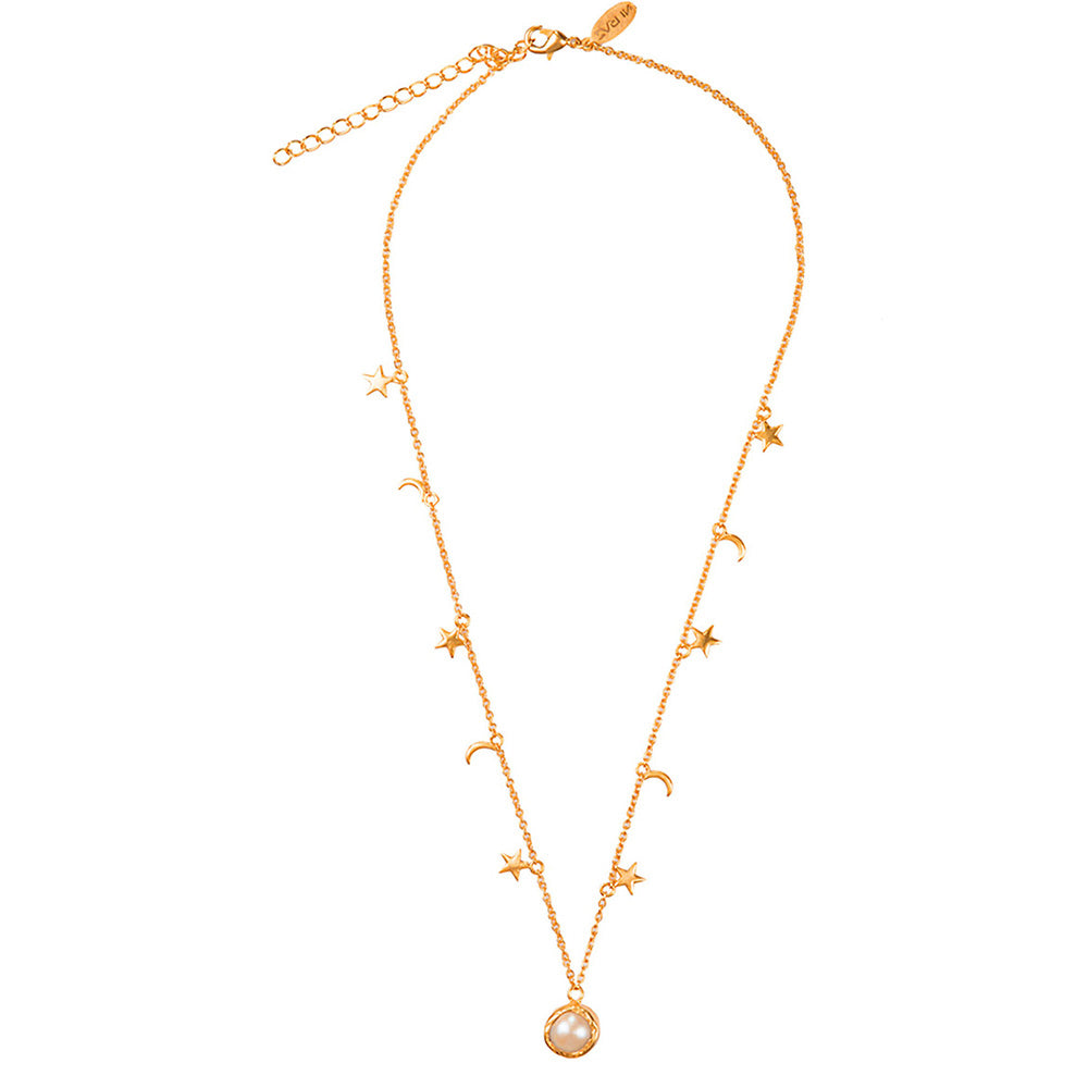 Zariin Gold Plated Moon Star With White Pearl Necklace