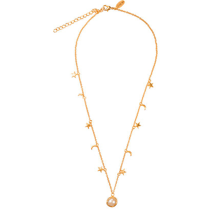 Zariin Gold Plated Moon Star With White Pearl Necklace