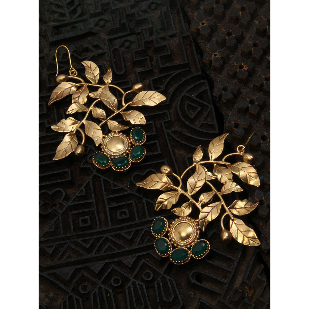Suhani Pittie Gold Rose Vine Drop Earrings With Green Crystals