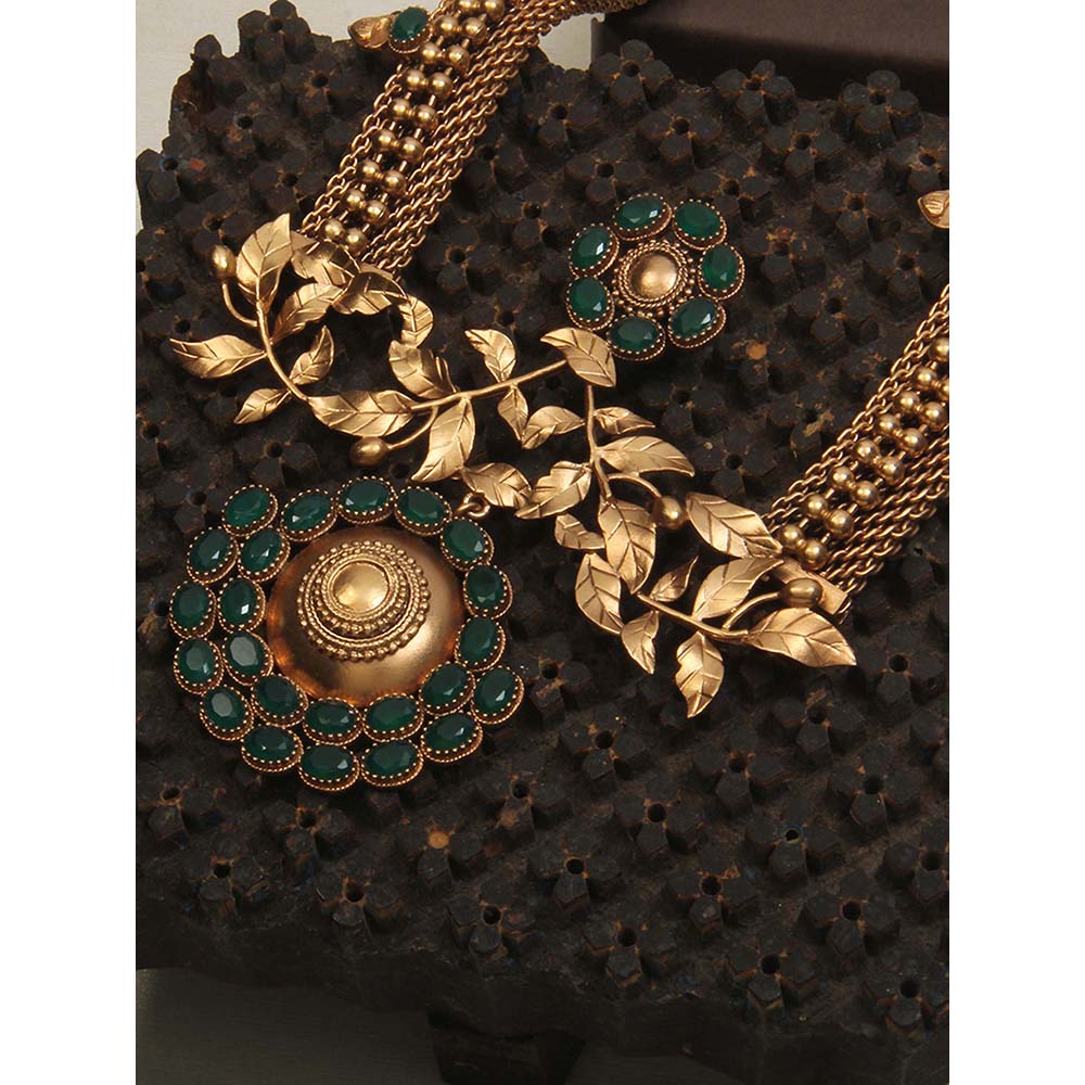 Suhani Pittie Gold Long Mesh & Rose Vine Necklace With Green Crystals