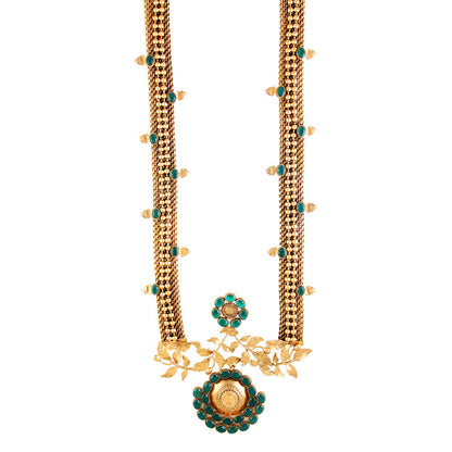 Suhani Pittie Gold Long Mesh & Rose Vine Necklace With Green Crystals