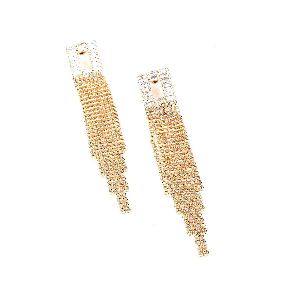 Odette Square Shaped Gold-Tone Crystal Tassel Drop Earrings.