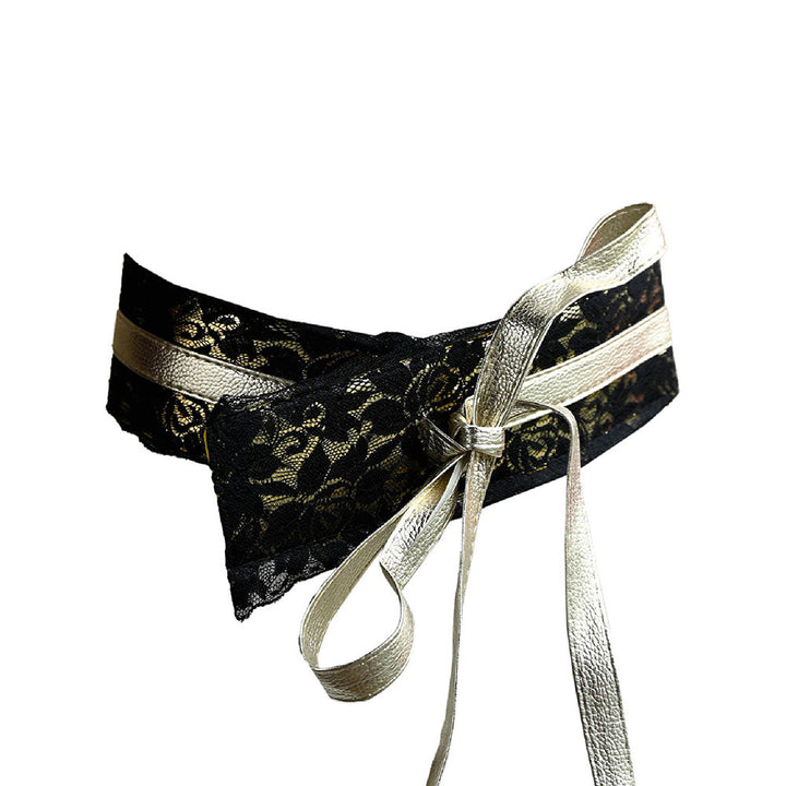 Odette Black Lace and Gold Textured Leatherette Belt with Slim Gold Belt