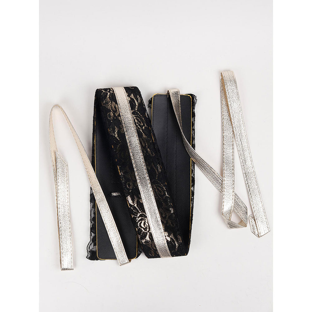 Odette Black Lace and Gold Textured Leatherette Belt with Slim Gold Belt