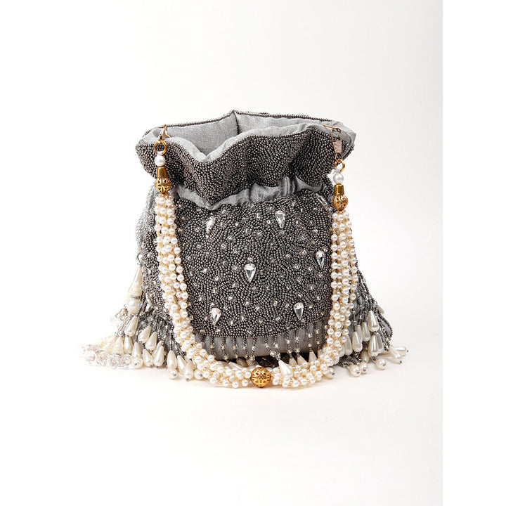 Odette Grey Heavily Embroidered Tassel Potli Bag