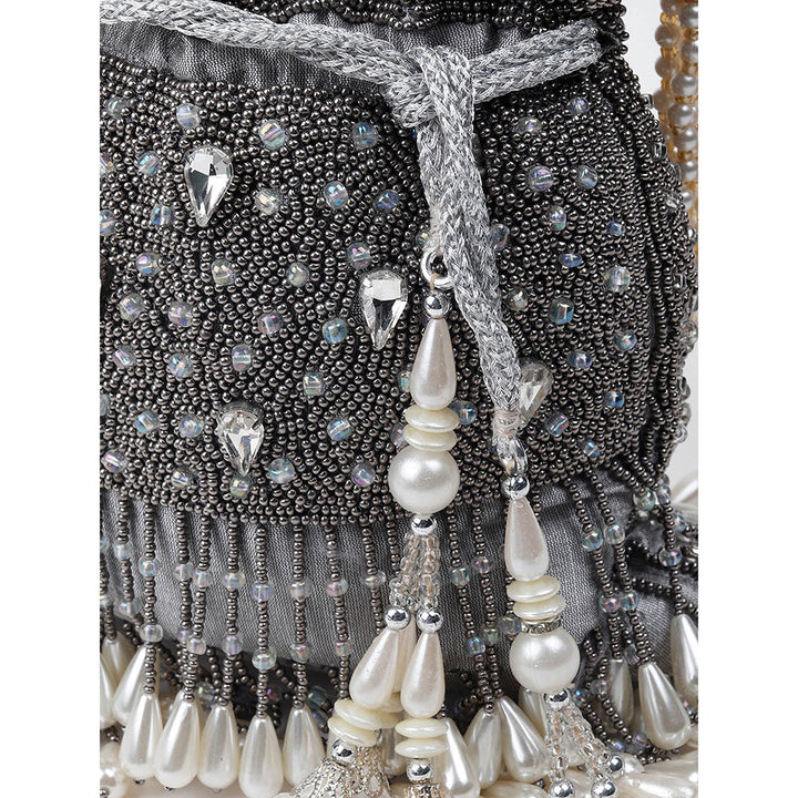 Odette Grey Heavily Embroidered Tassel Potli Bag