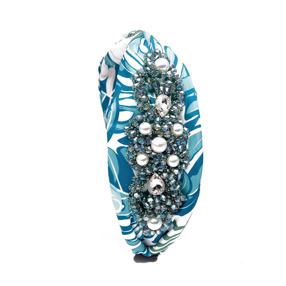 Odette Blue Printed Hairband with Crystal Embellishments