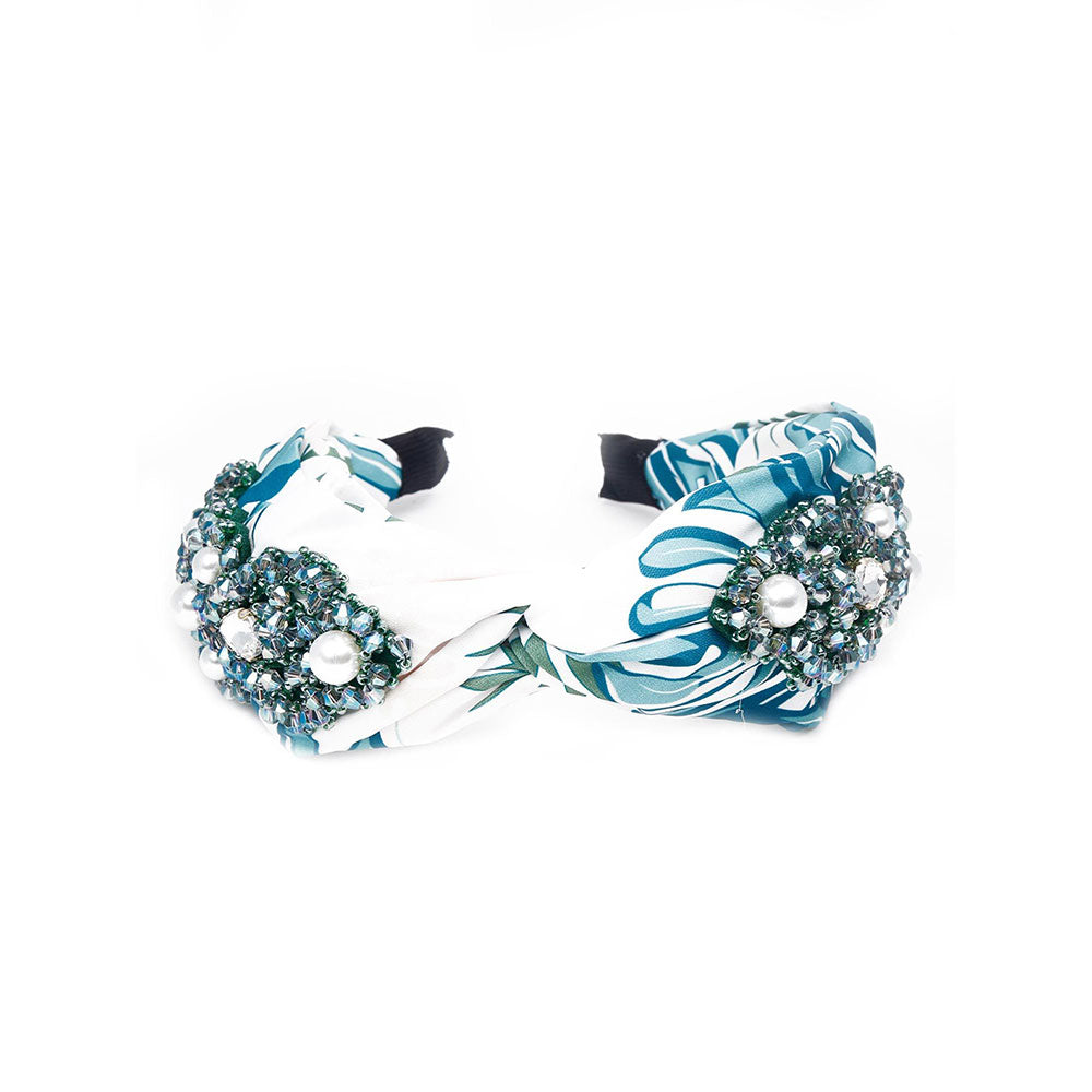 Odette Blue Printed Hairband with Crystal Embellishments