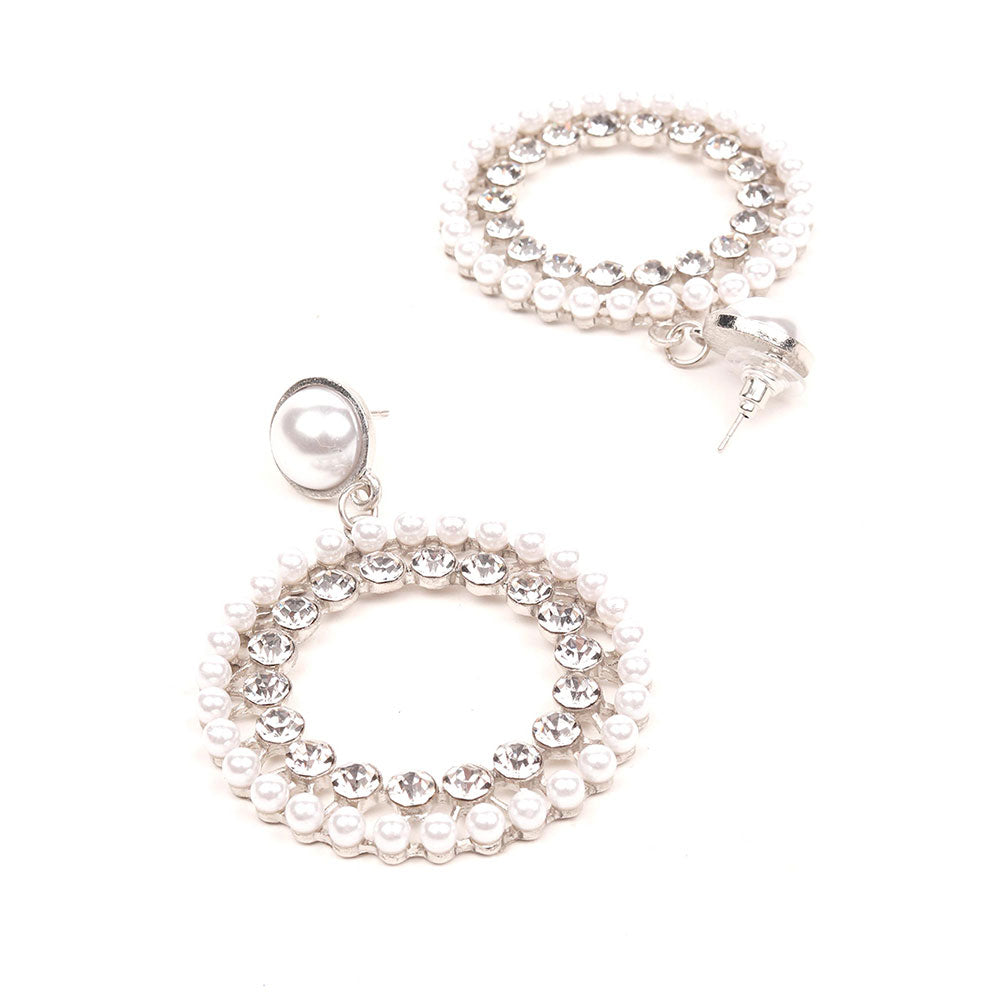 Odette Pearl Studded Double-Layered Hoop Earrings -Silver