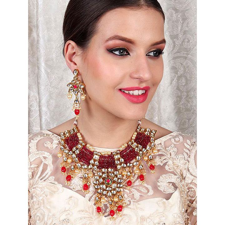 Odette Traditional Polki Wine & Pink Crystal Stones Kundan Choker with Earrings