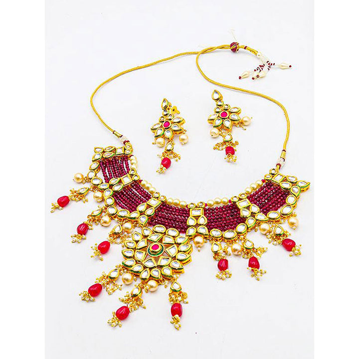 Odette Traditional Polki Wine & Pink Crystal Stones Kundan Choker with Earrings