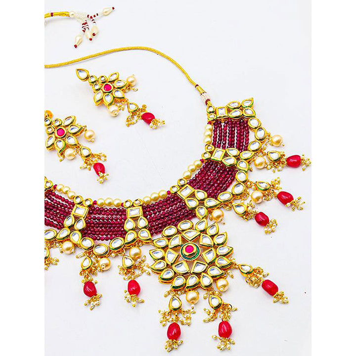 Odette Traditional Polki Wine & Pink Crystal Stones Kundan Choker with Earrings