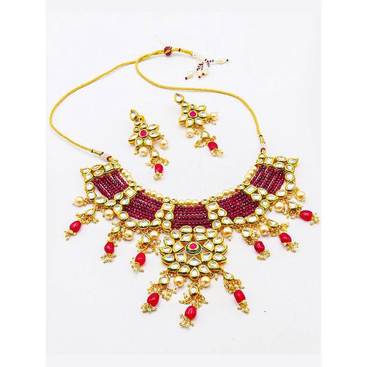 Odette Traditional Polki Wine & Pink Crystal Stones Kundan Choker with Earrings