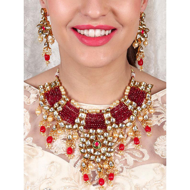 Odette Traditional Polki Wine & Pink Crystal Stones Kundan Choker with Earrings