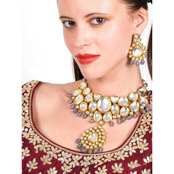 Odette Authentic heavy semiprecious Grey kundan & enameled necklace with earrings!