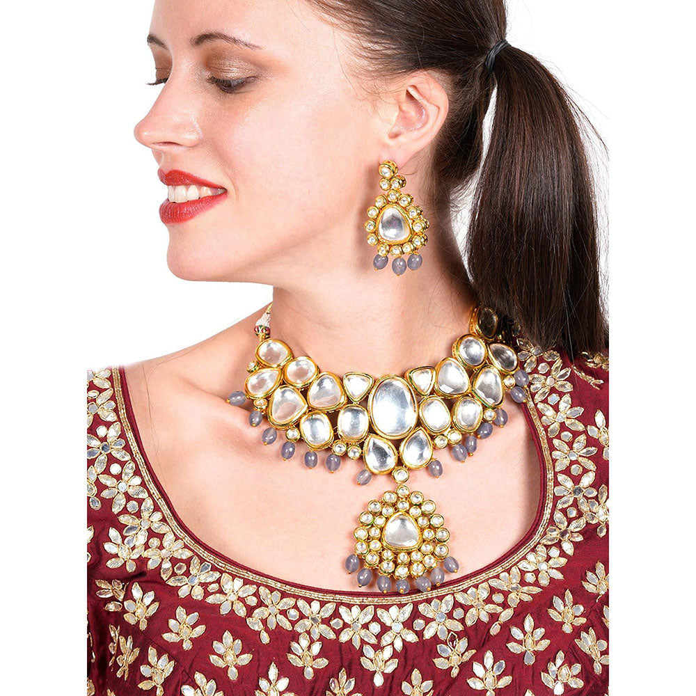 Odette Authentic heavy semiprecious Grey kundan & enameled necklace with earrings!