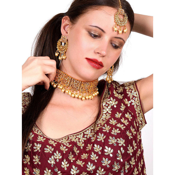 Odette Gold semiprecious kundan & pearl necklace with earrings & maang teeka