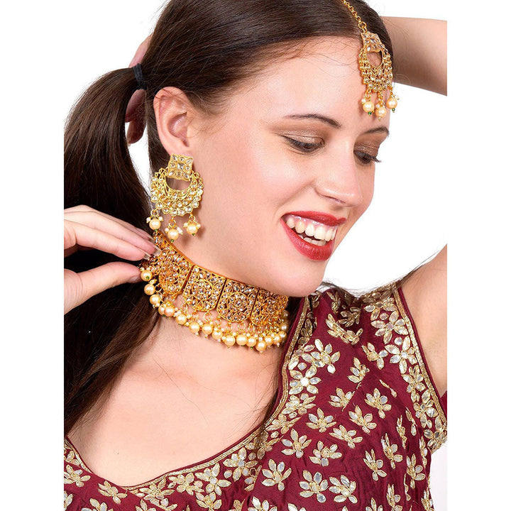 Odette Gold semiprecious kundan & pearl necklace with earrings & maang teeka