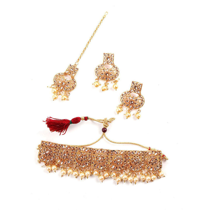 Odette Gold semiprecious kundan & pearl necklace with earrings & maang teeka