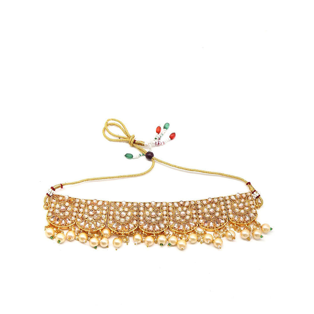 Odette Gold semiprecious kundan & pearl necklace with earrings & maang teeka