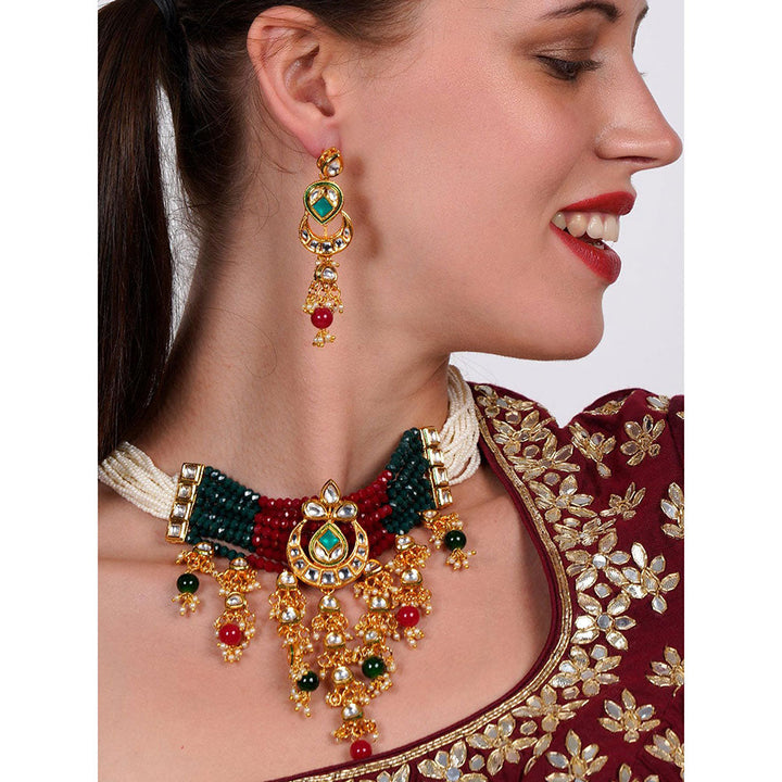 Odette Elegant red-green crystal, pearl, & kundan choker with earrings!