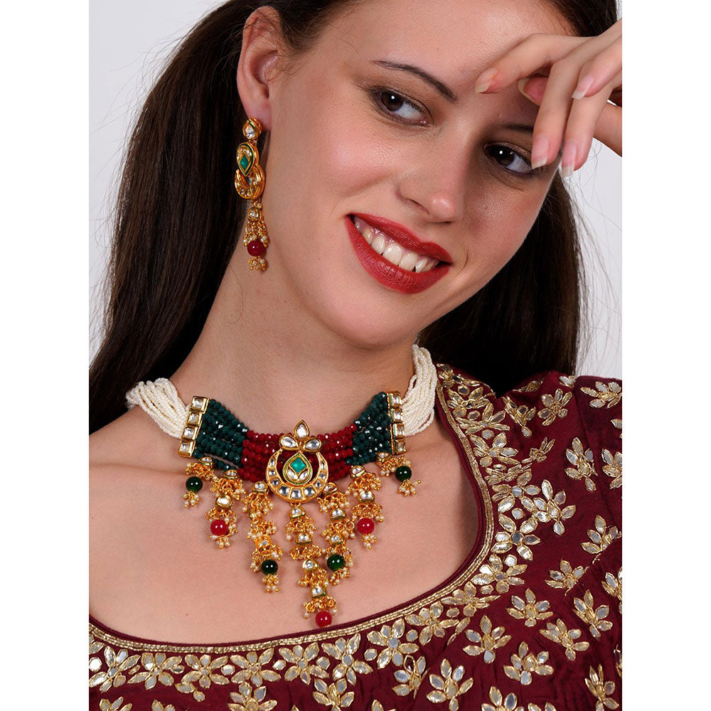 Odette Elegant red-green crystal, pearl, & kundan choker with earrings!