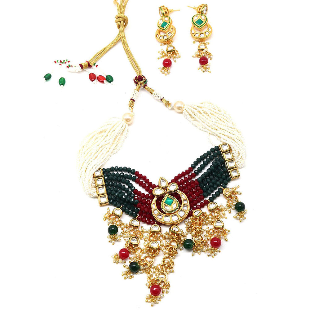 Odette Elegant red-green crystal, pearl, & kundan choker with earrings!