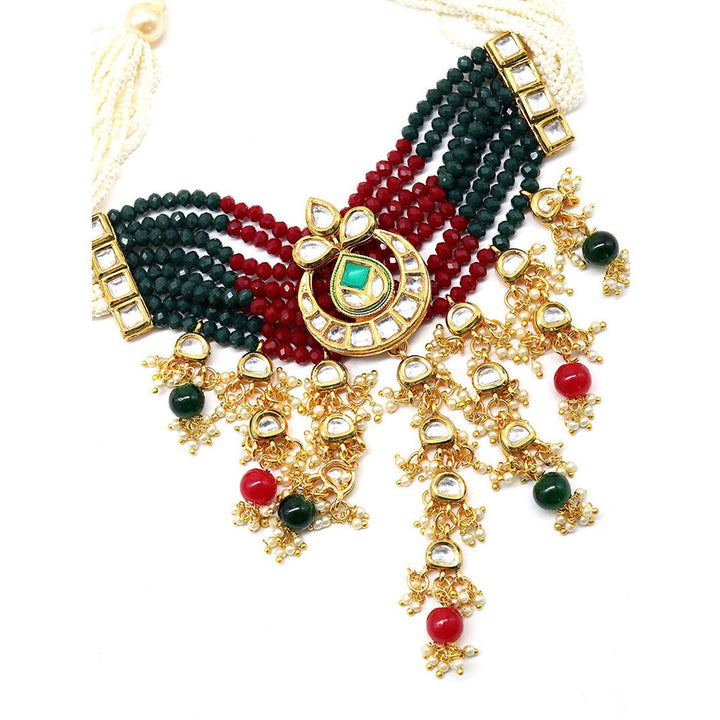 Odette Elegant red-green crystal, pearl, & kundan choker with earrings!