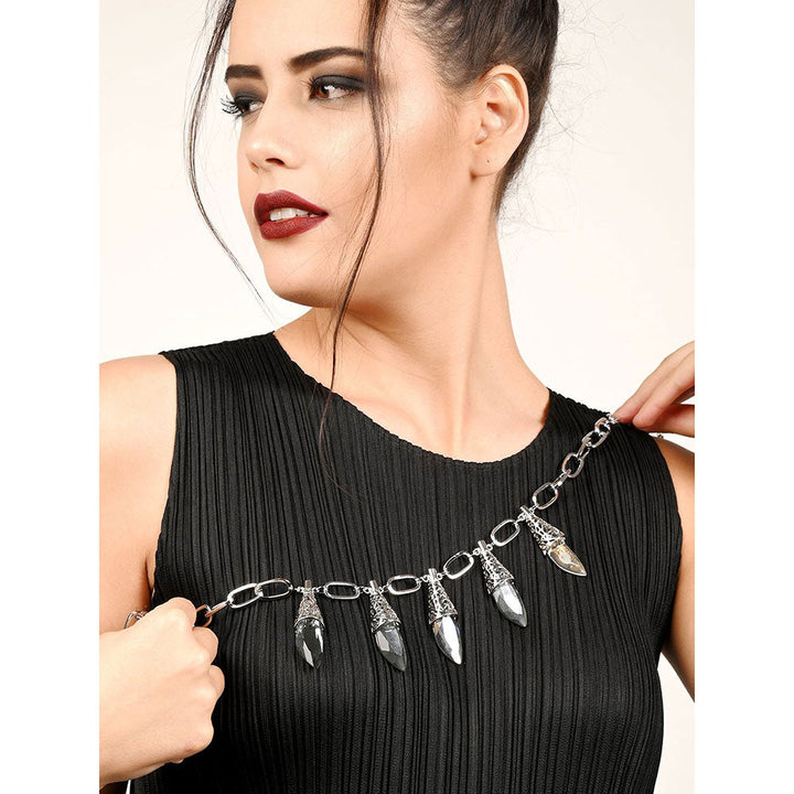 Odette Stylish Silver Collar Necklace with Extensive Grey Rhine Stone Dropping