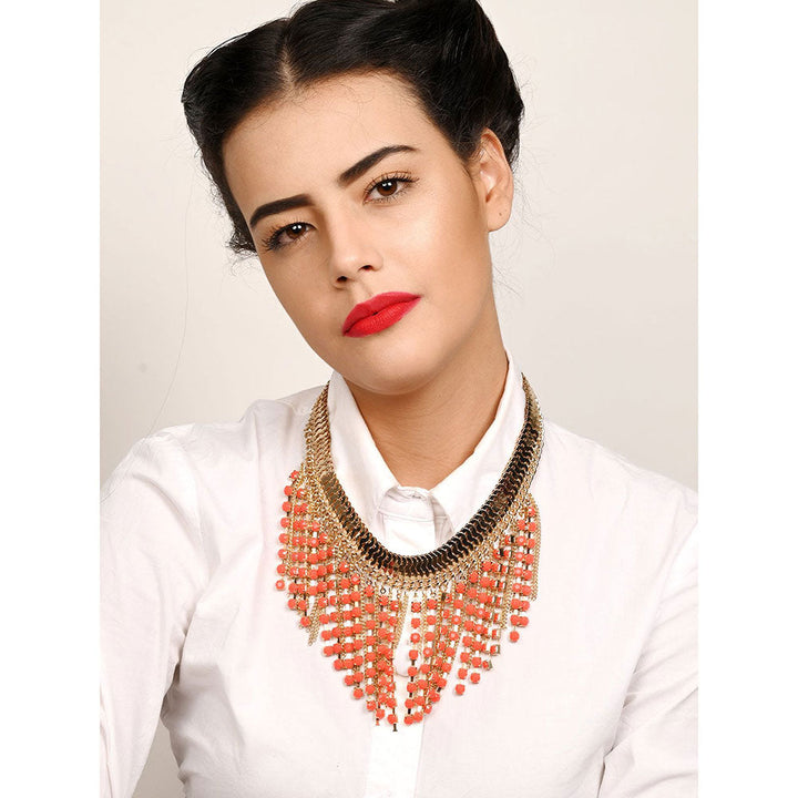 Odette Chunky Gold Metallic Fringe Necklace with Red Stone Droppings