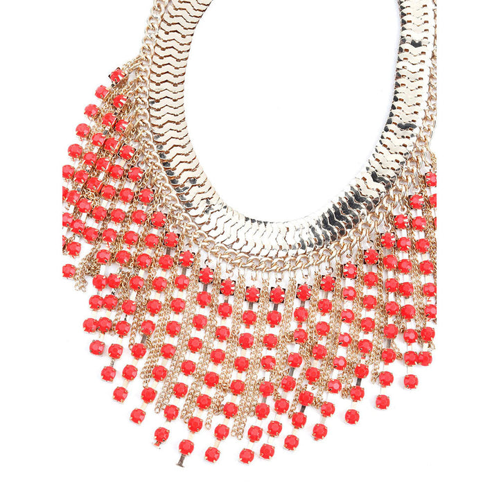 Odette Chunky Gold Metallic Fringe Necklace with Red Stone Droppings