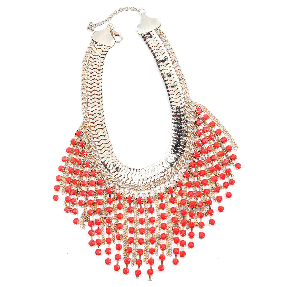 Odette Chunky Gold Metallic Fringe Necklace with Red Stone Droppings