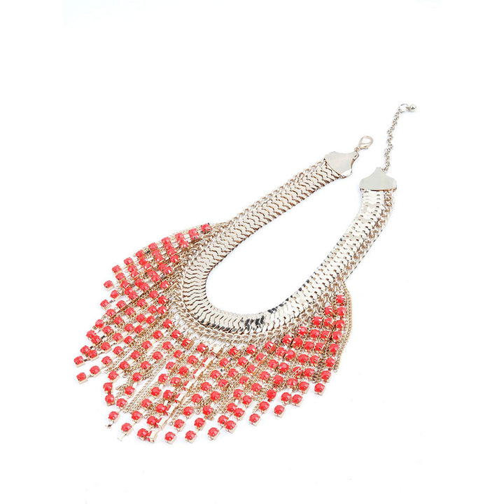 Odette Chunky Gold Metallic Fringe Necklace with Red Stone Droppings