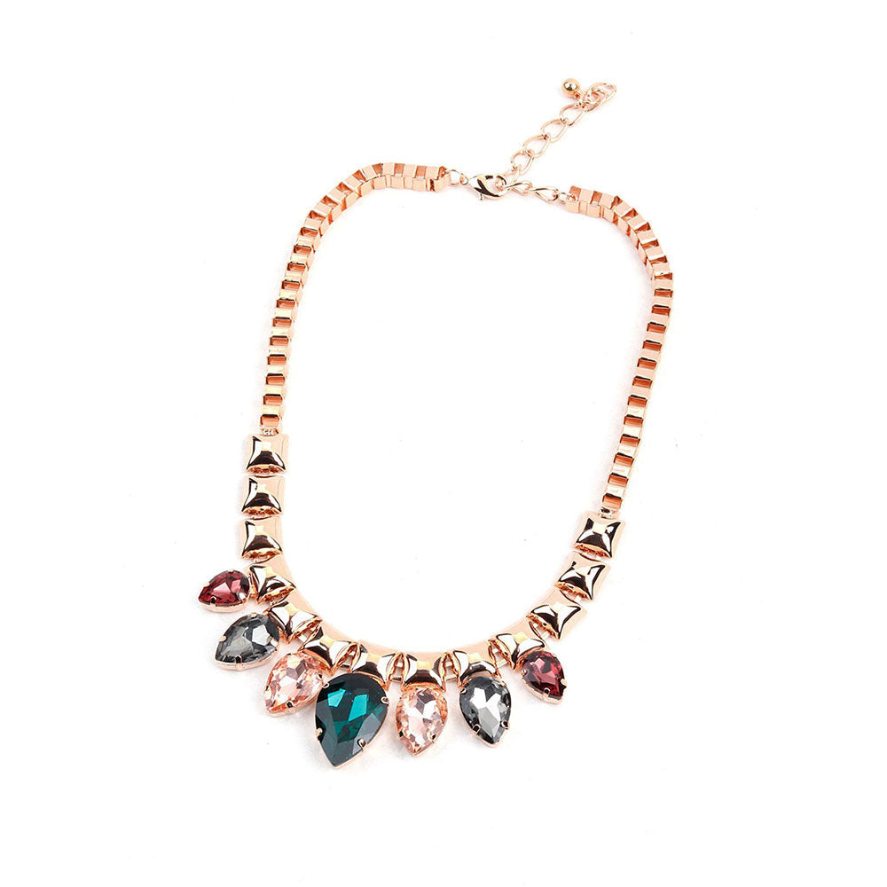 Odette Chunky Box Chain Necklace with Multi-Coloured Rhine Stones