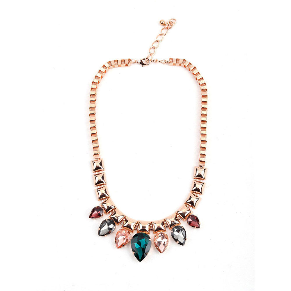 Odette Chunky Box Chain Necklace with Multi-Coloured Rhine Stones