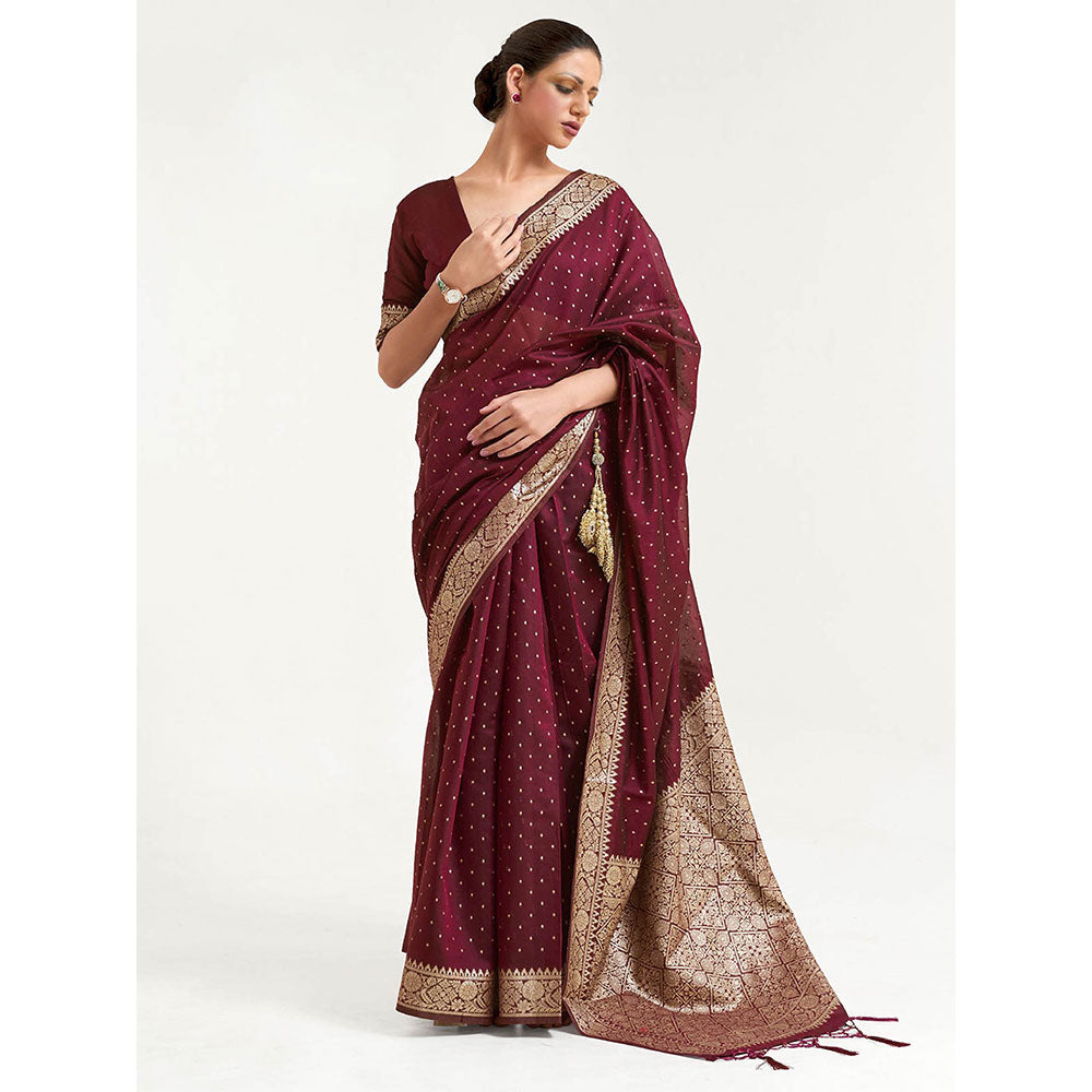 Odette Maroon Festive Silk Blend Woven Design Saree with Unstitched Blouse