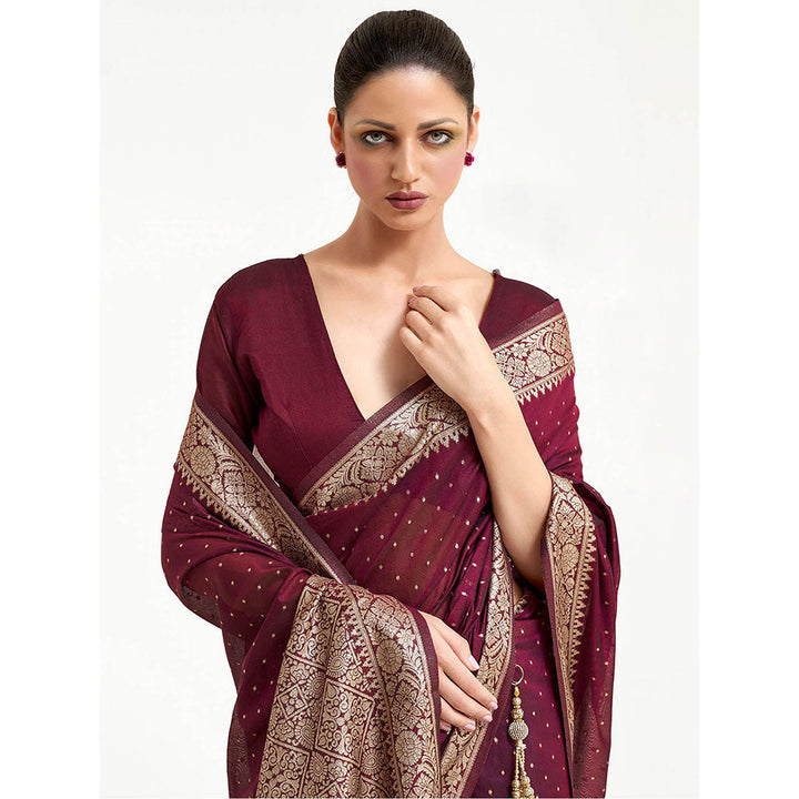 Odette Maroon Festive Silk Blend Woven Design Saree with Unstitched Blouse