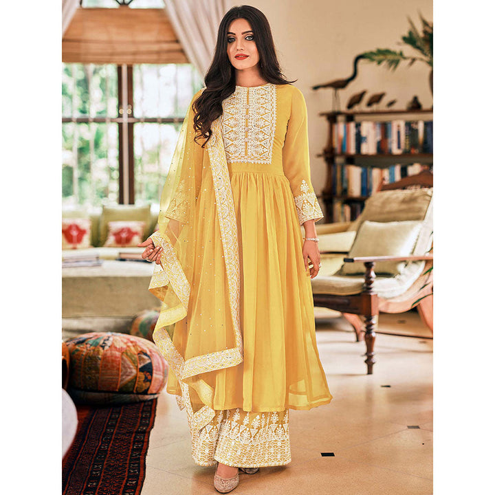 Odette Yellow Georgette Semi-Stitched Palazzo Suit (Set of 3)