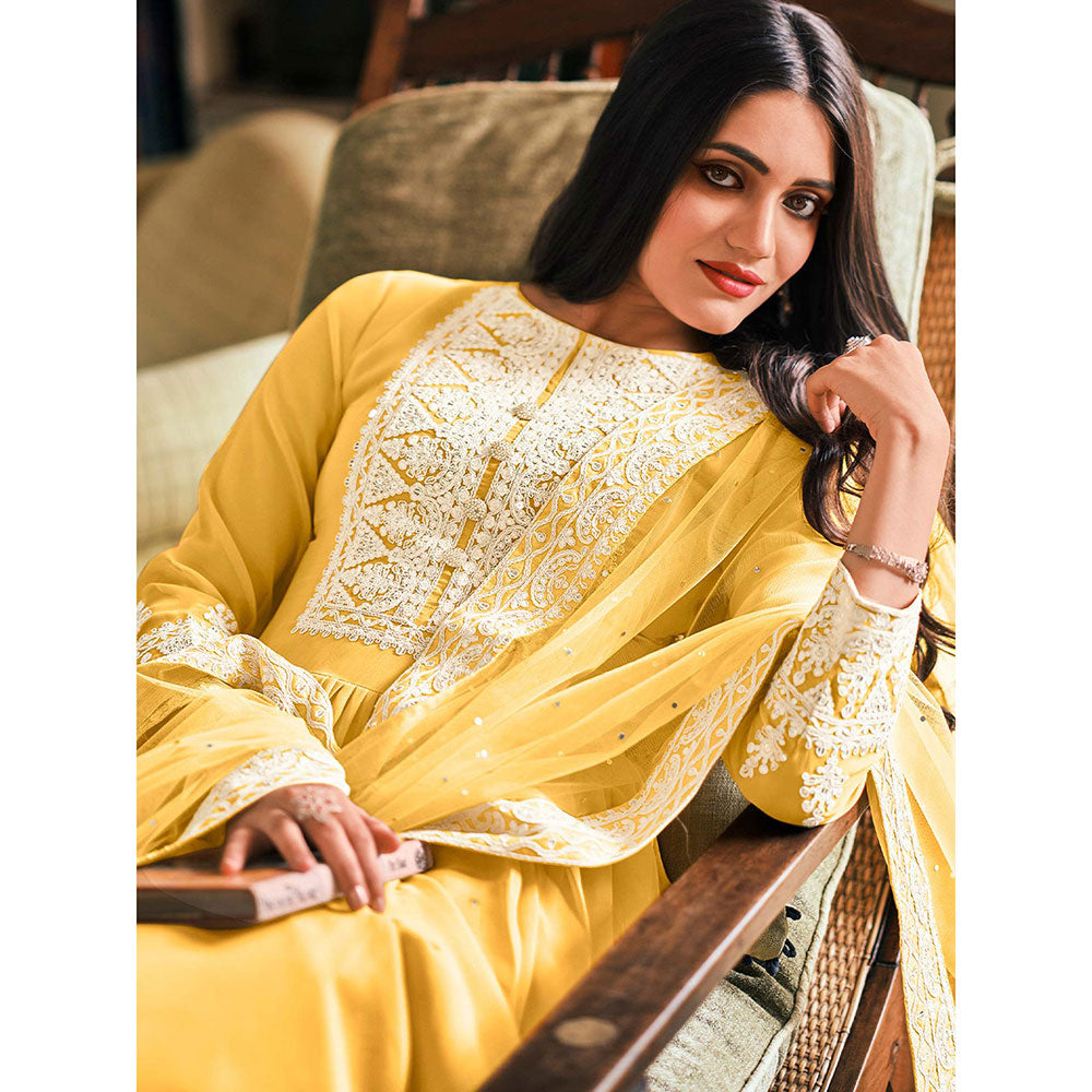 Odette Yellow Georgette Semi-Stitched Palazzo Suit (Set of 3)